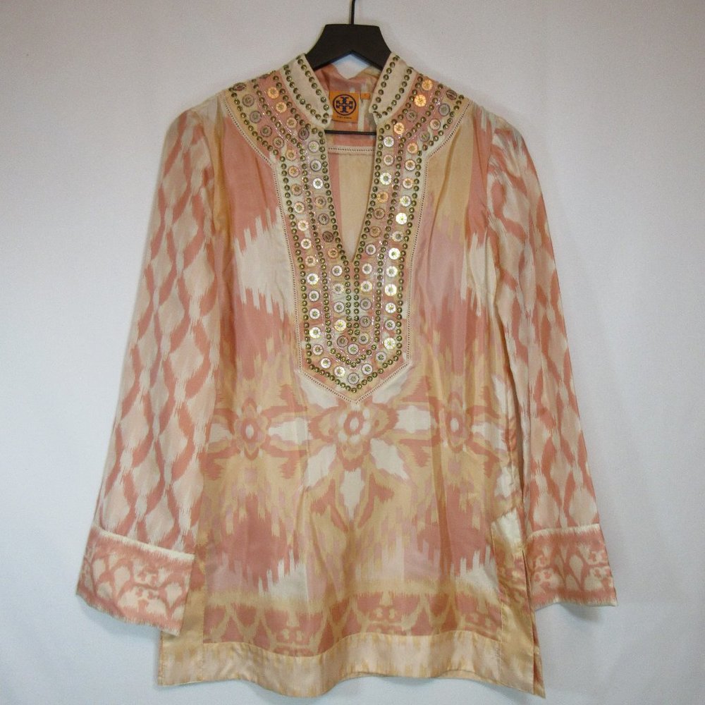 Tory Burch Iveta Silk Tunic Peach Side Split Embellished V Neck Women's …